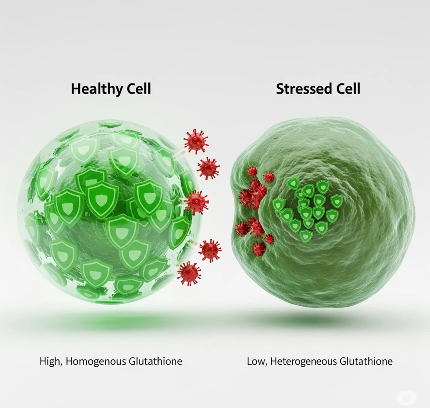 Two cells side by side. The healthy cell holds high, evenly distributed glutathione across the whole cell; the stressed cell holds low glutathione concentrated in patches.