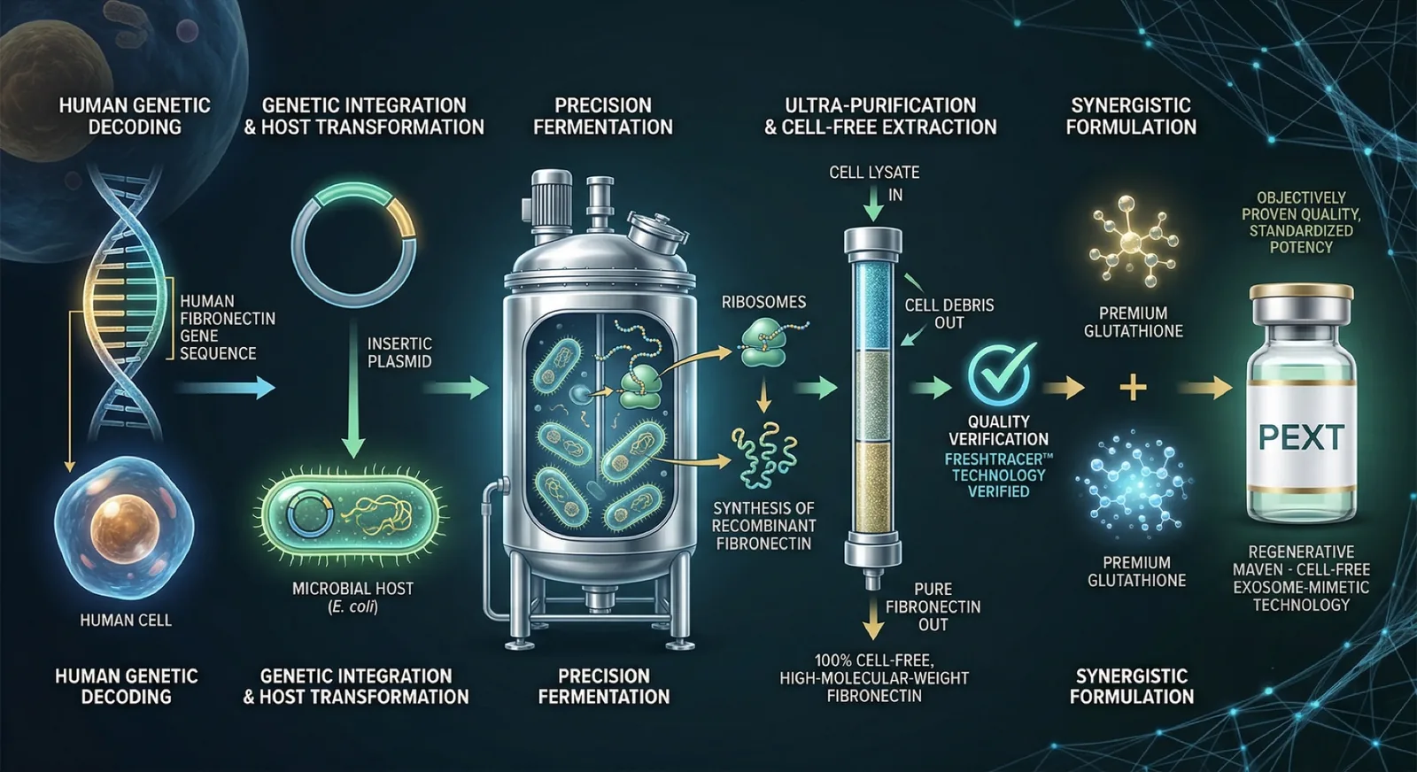 The recombinant production route: human genetic decoding, genetic integration and host transformation, precision fermentation, ultra-purification and cell-free extraction, and synergistic formulation into the finished PEXT vial.
