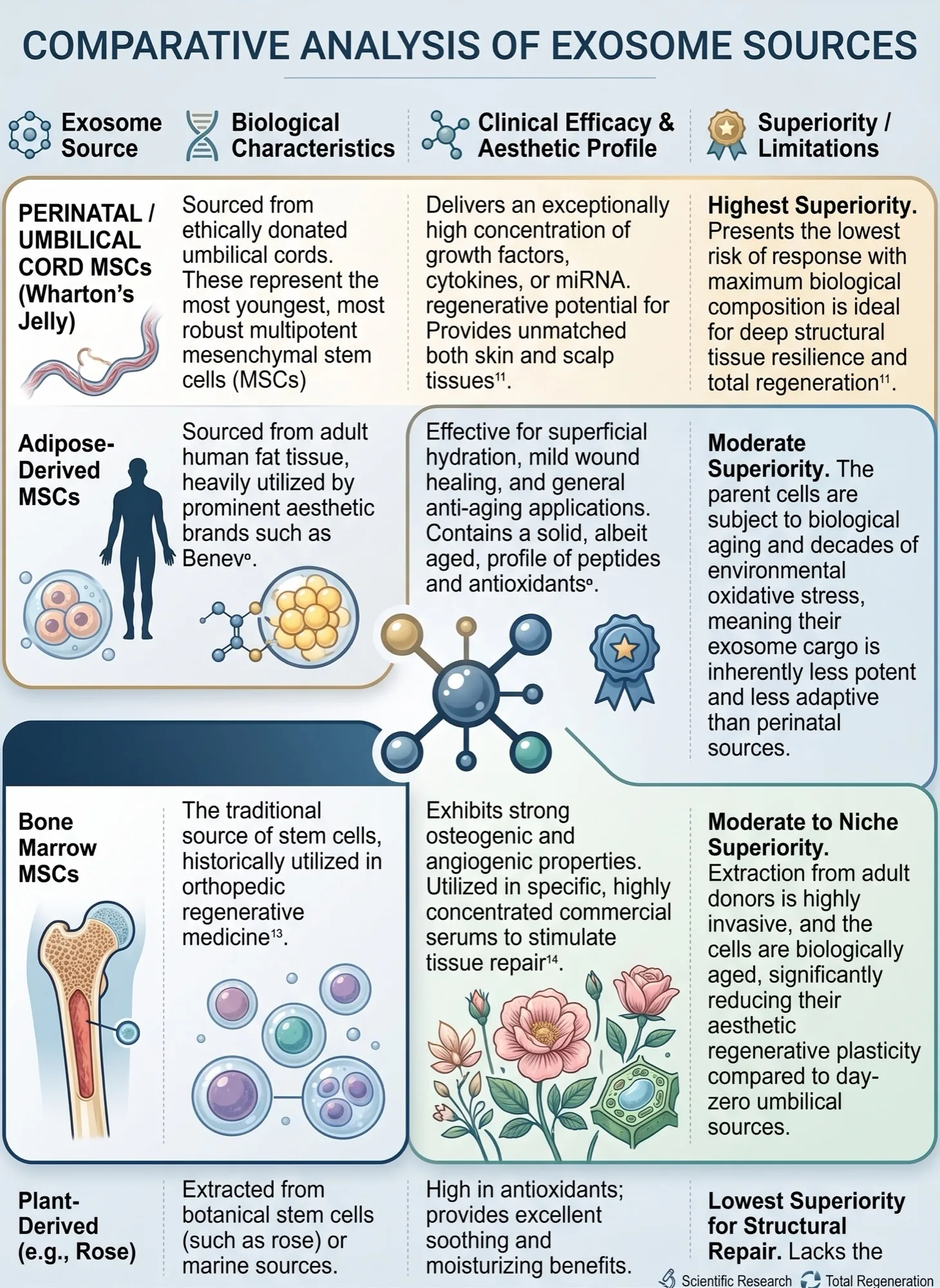 Comparative analysis of exosome sources: perinatal and umbilical cord MSCs, adipose-derived MSCs, bone marrow MSCs and plant-derived vesicles, across biological characteristics, clinical profile and limitations.