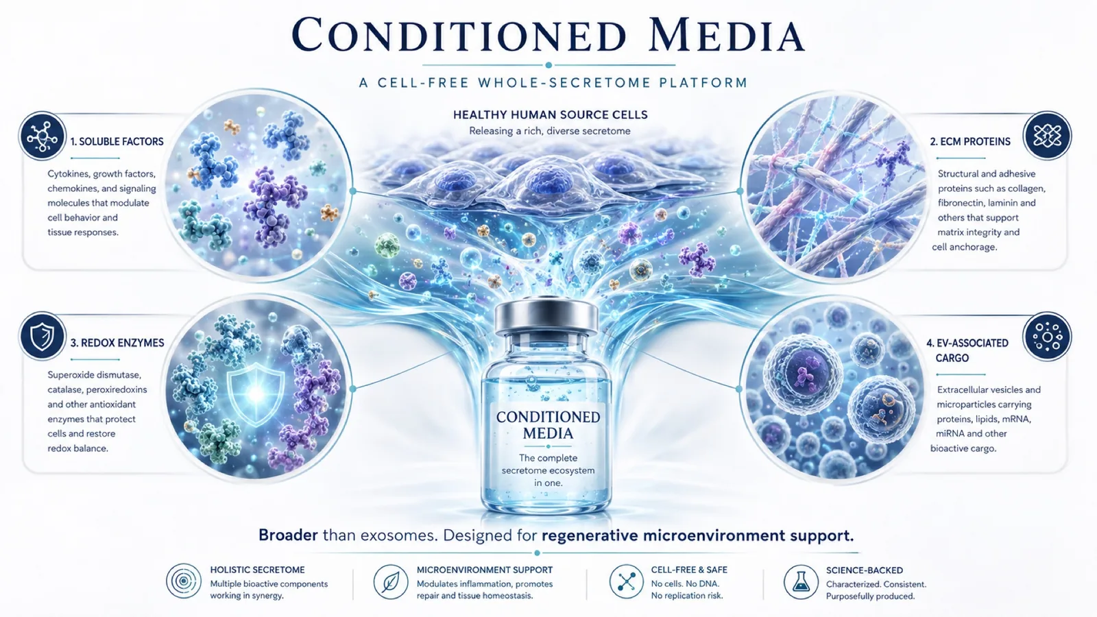 Conditioned media as a cell-free whole-secretome platform, showing four content groups: soluble factors, ECM proteins, redox enzymes and EV-associated cargo, all released by healthy human source cells.