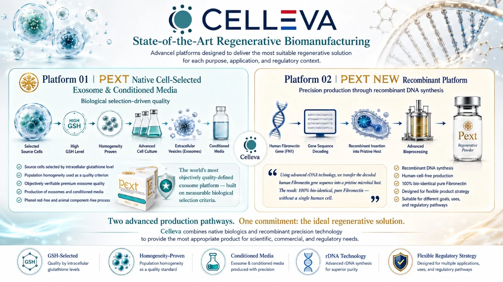 Celleva's two production platforms side by side: Platform 01, native cell-selected exosome and conditioned media production from high-GSH source cells; and Platform 02, recombinant production of bio-identical fibronectin through a controlled microbial expression system.