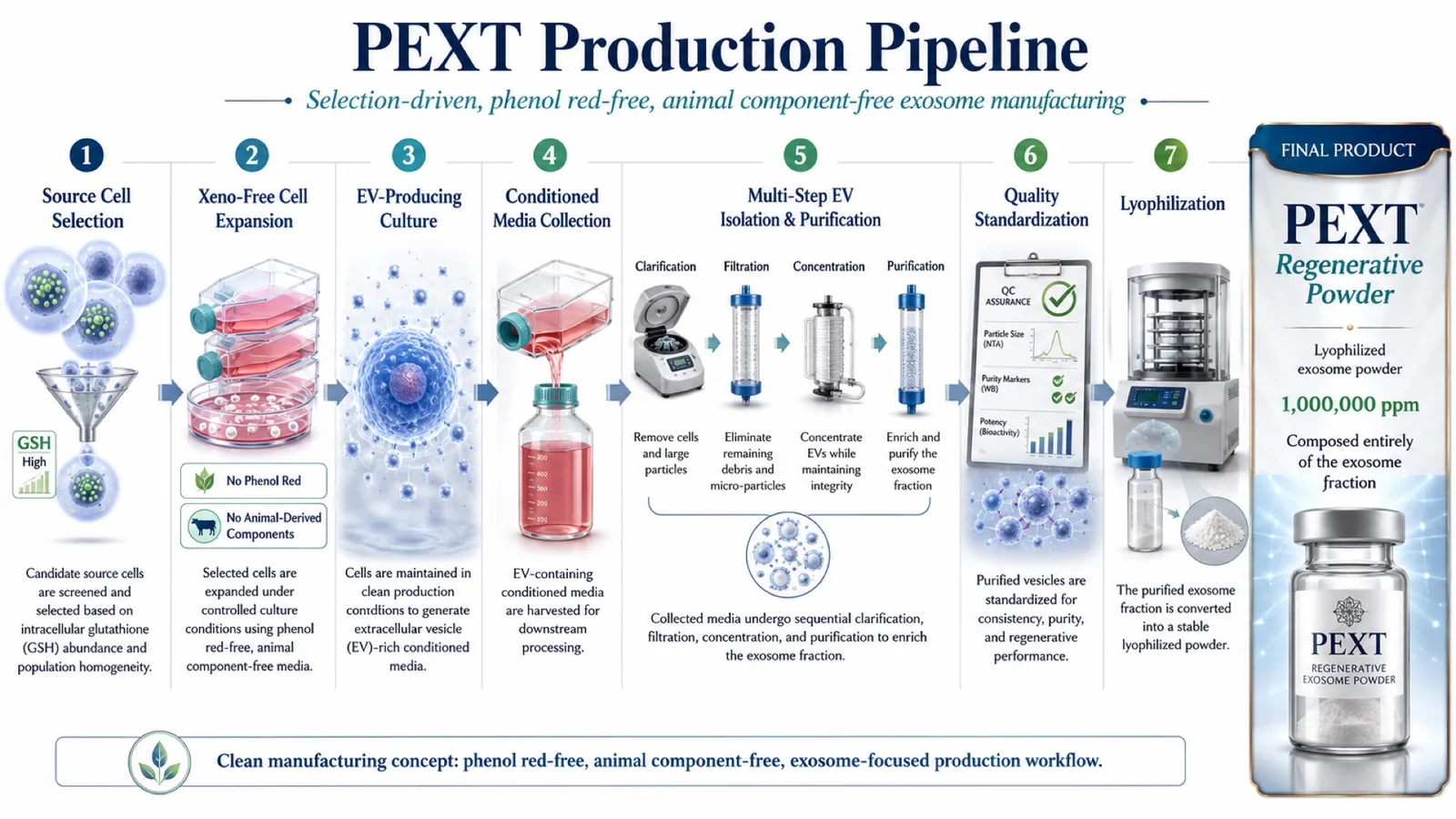 The PEXT production pipeline: source cell selection, xeno-free expansion, EV-producing culture, conditioned media collection, multi-step isolation and purification, quality standardization and lyophilization, ending in the finished vial.