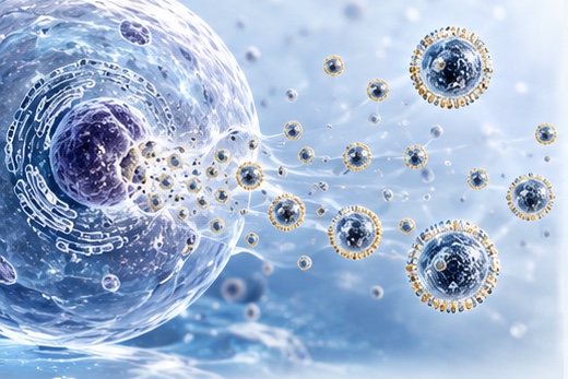 Illustration: a producer cell releasing extracellular vesicles into the surrounding fluid.