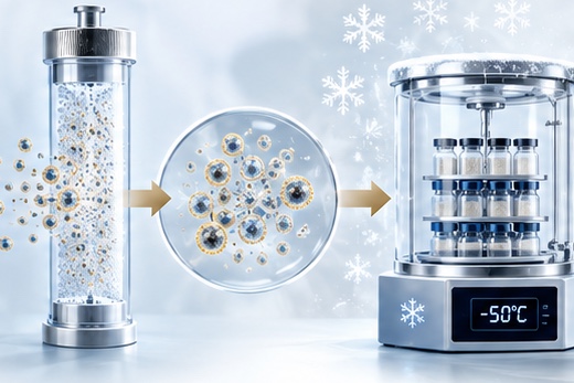 Illustration: purification by column chromatography, the isolated vesicle fraction, and freeze-drying at −50 °C.